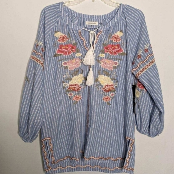 Paparazzi by Biz Embroidered Boho Peasant Top Blue - Picture 8 of 11